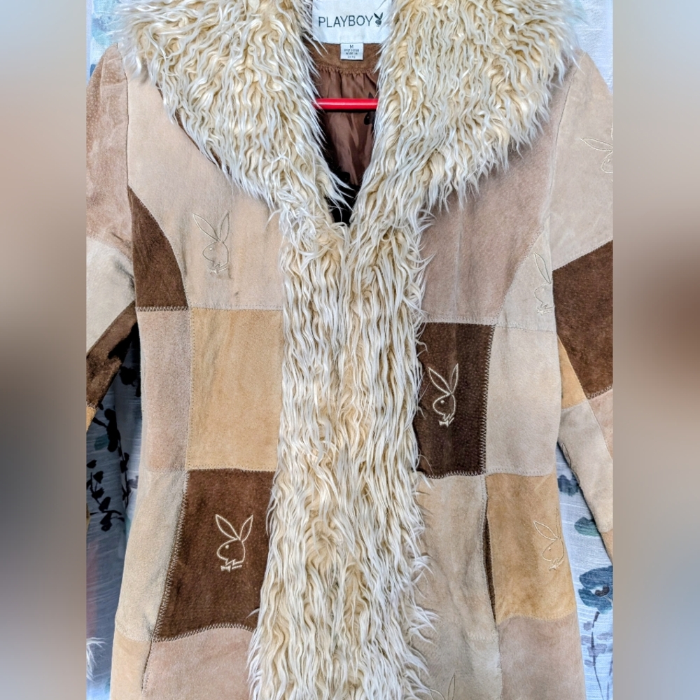 Women’s Patchwork Suede Coat with Faux Fur Trim - Taupe & Brown - Picture 6 of 12